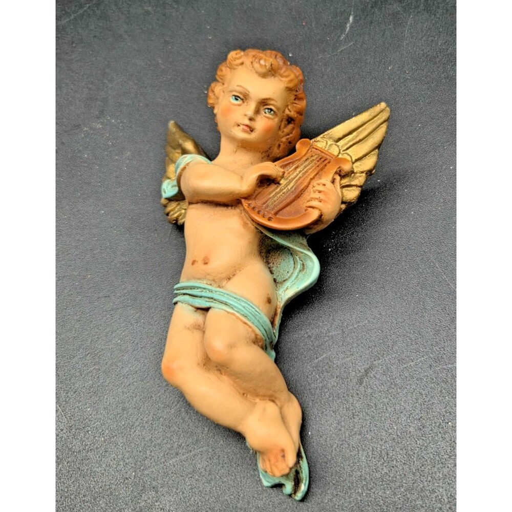 Vintage Resin Hand Painted Angel Cherub with Lyre Hanging Nativity
